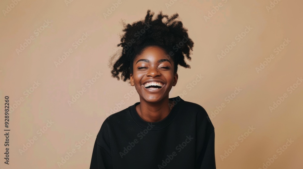 A woman with a joyful expression against a solid colored background, radiates positivity and authenticity with her natural hairstyle. A woman with a joyful expression against a solid colored background, radiates positivity and authenticity with her natural hairstyle.