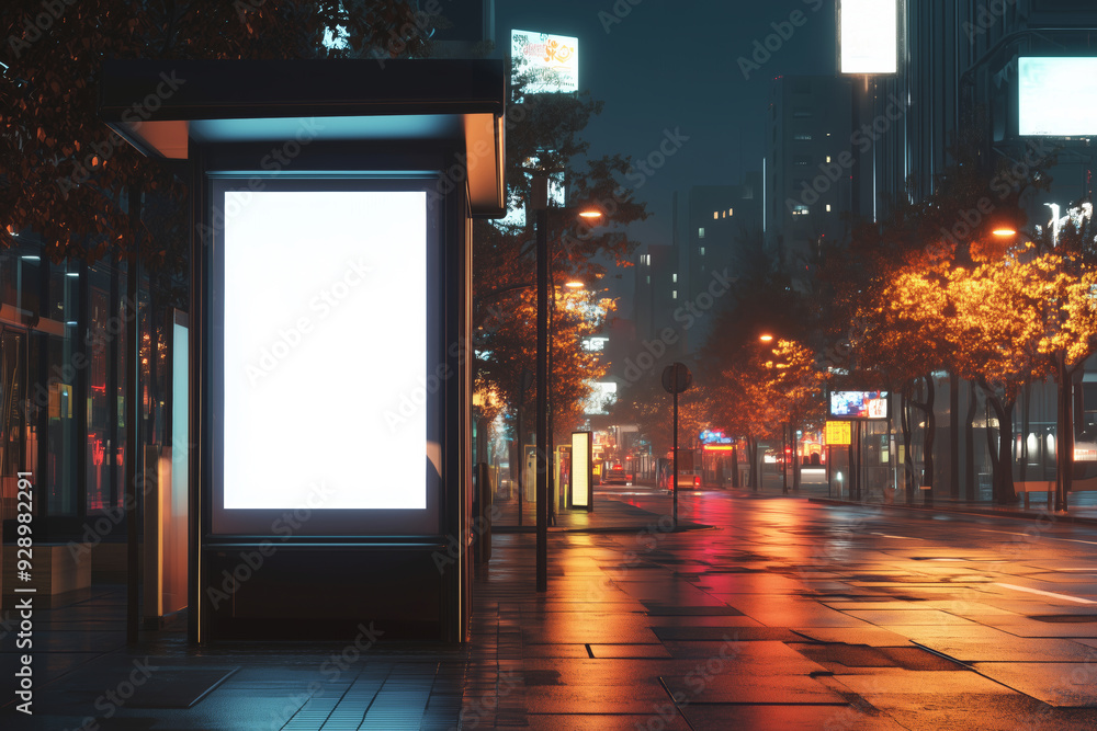 A tranquil night on a city street with a blank advertising billboard at a bus stop