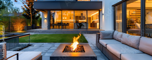 Modern Outdoor Patio with Fire Pit and Cozy Seating - Illustration