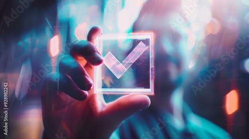 A person holds a transparent digital checkmark icon, glowing against a backdrop of colorful, defocused lights, symbolizing approval or success. photo