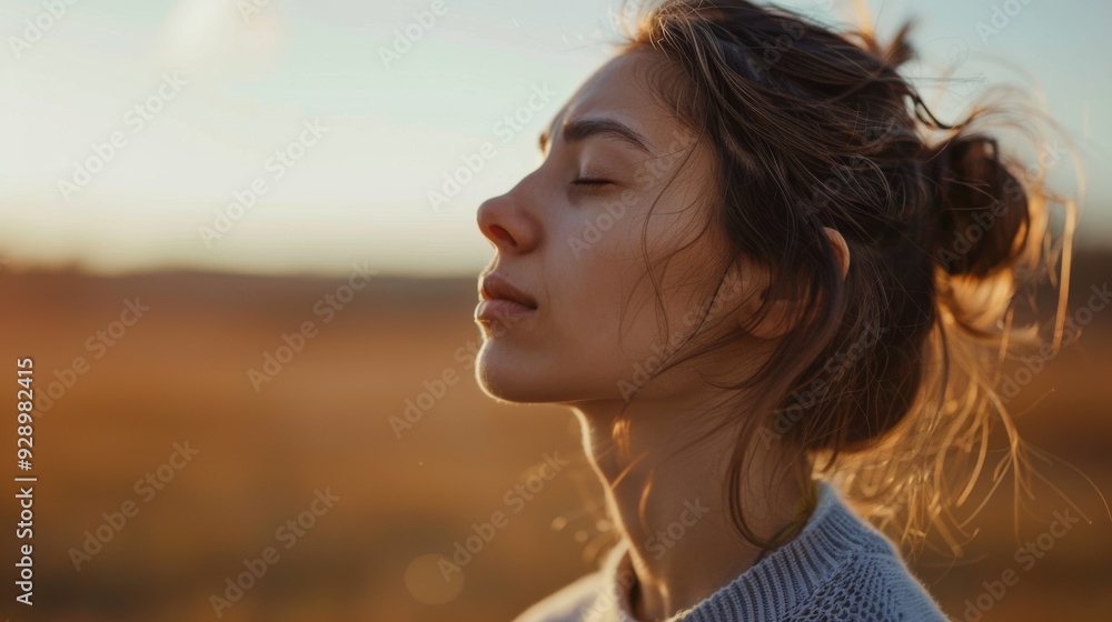 Bathed in the golden glow of the setting sun, a woman with closed eyes enjoys a serene moment in nature. Bathed in the golden glow of the setting sun, a woman with closed eyes enjoys a serene moment in nature.