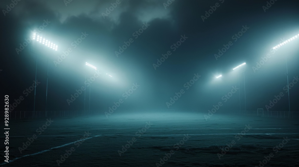 Obraz premium An illuminated football field under the cover of dense fog, goalposts faintly visible, the scene imbued with an eerie, captivating quietness.