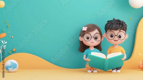 Two cheerful children reading together in a colorful and playful environment, fostering a love for books and learning.