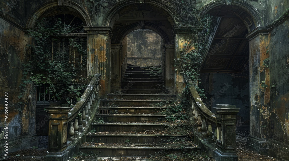 Abandoned mansion staircase with overgrown foliage in a dimly lit space Abandoned mansion staircase with overgrown foliage in a dimly lit space