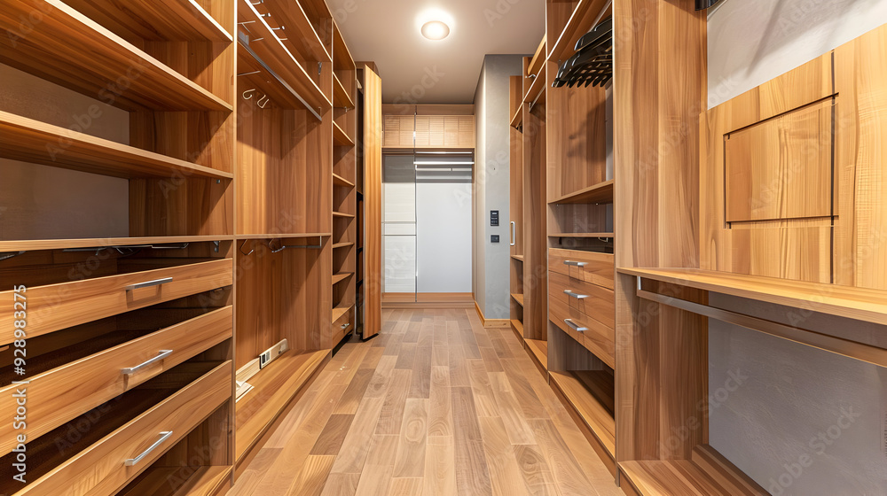 Modern Walk-in Closet Interior Design with Wooden Shelving and Drawers - Photo Modern Walk-in Closet Interior Design with Wooden Shelving and Drawers - Photo