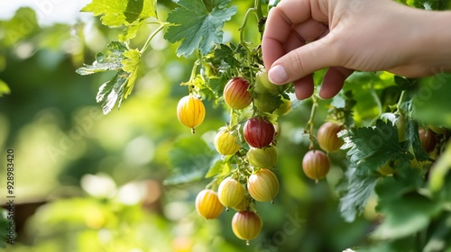 A gooseberry bush heavy with fruit, with a hand reaching in to pick a cluster of berries, set against a backdrop of lush, green foliage