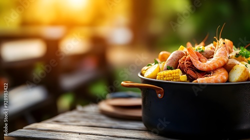 A seafood boil with shrimp, corn, potatoes, and sausage, served on a picnic table photo