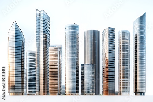 Row of modern skyscrapers with glass facades against a white background.