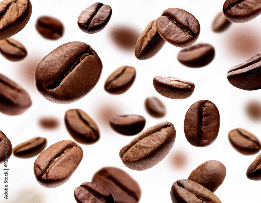 Isolated on a white background, falling coffee beans with selective focus Isolated on a white background, falling coffee beans with selective focus