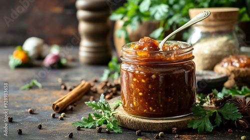 Fototapeta Naklejka Na Ścianę i Meble -  A jar of homemade gooseberry chutney, with a spoon dipped in, surrounded by spices and fresh herbs, set on a rustic kitchen counter