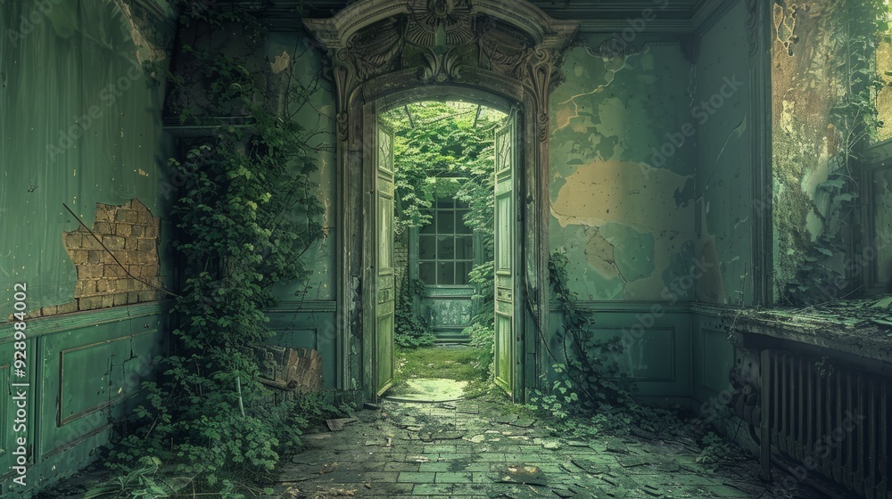 Fototapeta premium Overgrown doorway leading into a decaying room filled with greenery during daylight
