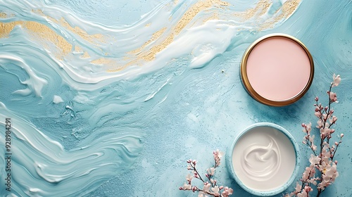 An elegant arrangement of creamy lotions amidst a soothing blue background, perfect for beauty and skincare themes.