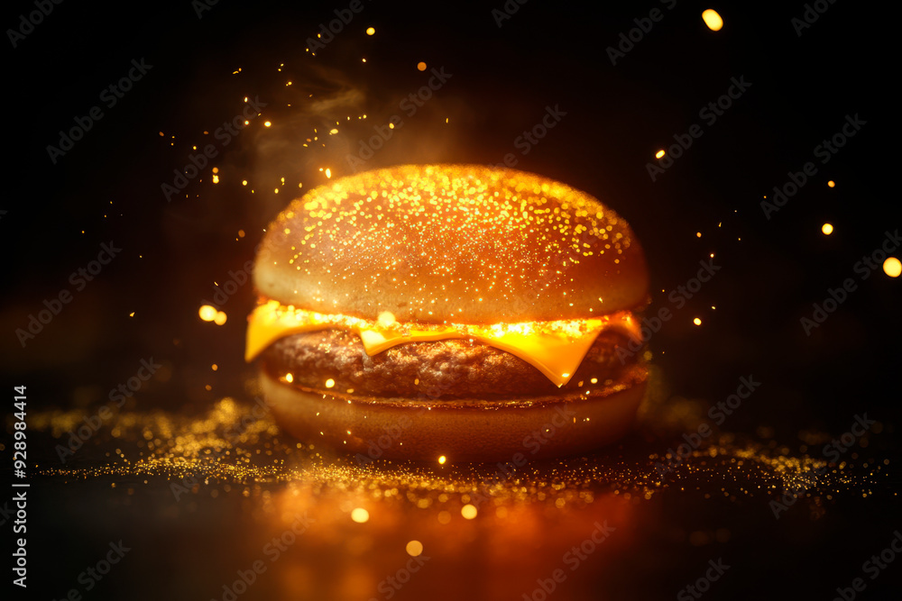 A glowing bakery with golden light emanating from it, against black background A glowing bakery with golden light emanating from it, against black background