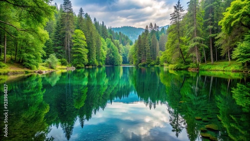 Serene lake nestled in the heart of a dense forest, nature, tranquil, peaceful, wilderness, trees, reflection, water, landscape