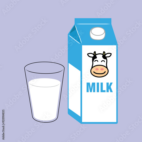 Illustration of a pack of milk and a glass of milk.