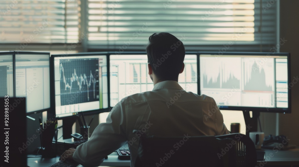 A man in a professional setting is analyzing multiple computer screens displaying various data charts and graphs in a dimly lit room. A man in a professional setting is analyzing multiple computer screens displaying various data charts and graphs in a dimly lit room.