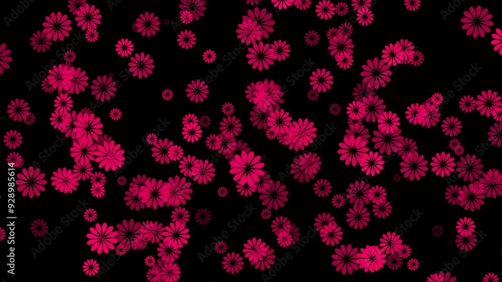 Magenta red color slowly moving elegant and simple flowers on black background, floral pattern modern background Magenta red color slowly moving elegant and simple flowers on black background, floral pattern modern background