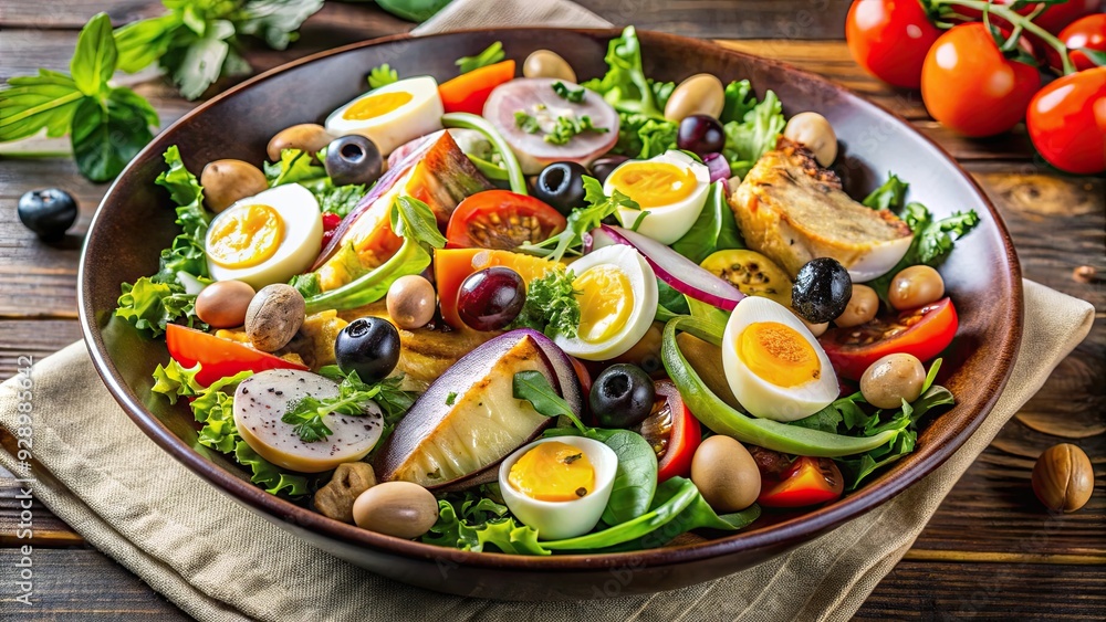 Delicious Spanish cuisine mixed salad with fish, quail eggs, olives, and vegetables , Spanish, cuisine Delicious Spanish cuisine mixed salad with fish, quail eggs, olives, and vegetables , Spanish, cuisine