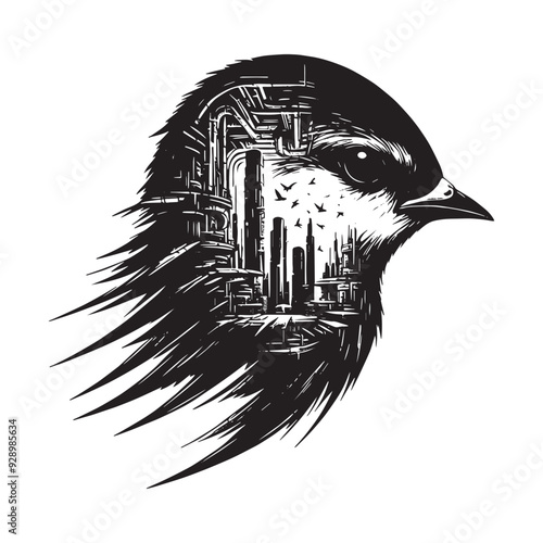 silhouette of Swallow filled with destroyed futuristic dystopia environment in rough drawing