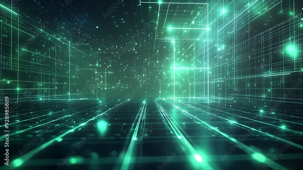 Futuristic Neon Grids - Abstract 3D Render with Digital Patterns in Green and Blue Hues