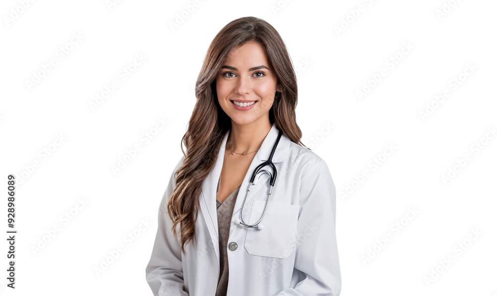 Portrait of a smiling female doctor in uniform with a stethoscope, isolated on transparent background Portrait of a smiling female doctor in uniform with a stethoscope, isolated on transparent background