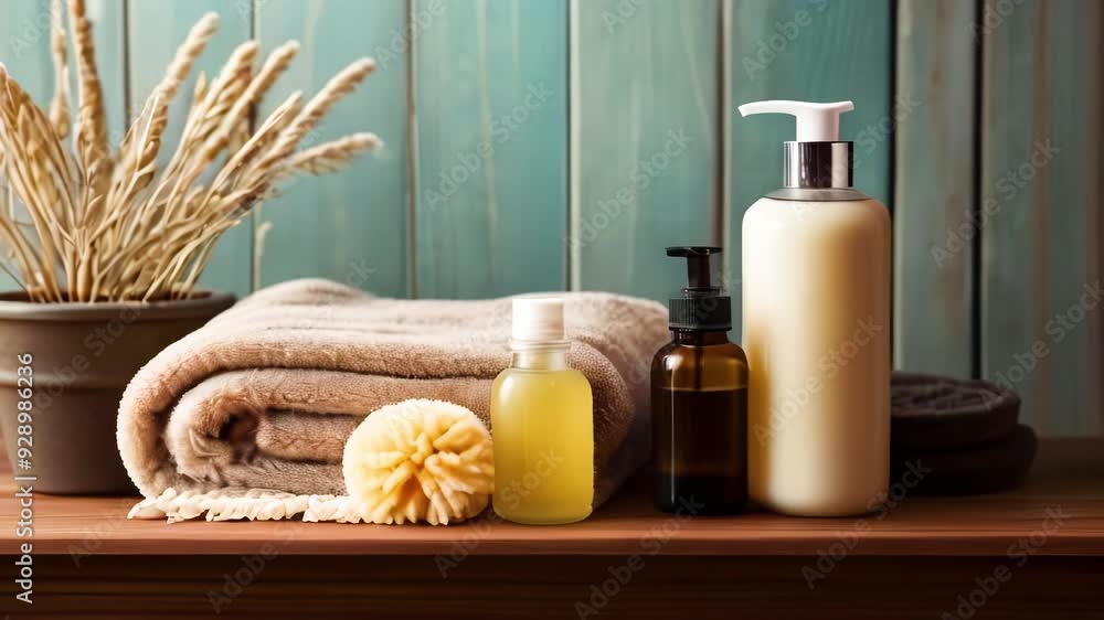 Left pan shot of jars with creams and towel in spa salon on wooden table. Background natural eco-friendly cosmetics decorated with branches of spikelets without people. Left pan shot of jars with creams and towel in spa salon on wooden table. Background natural eco-friendly cosmetics decorated with branches of spikelets without people.