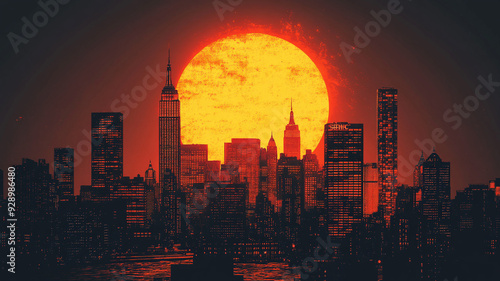 Vibrant sunset illuminating the New York City skyline with iconic buildings silhouetted against a fiery sky