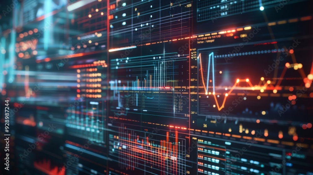 Close-up of a computer screen displaying a variety of graphs and charts with data and numbers. Close-up of a computer screen displaying a variety of graphs and charts with data and numbers.