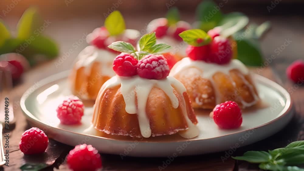 Mini bundt cakes with raspberry and icing on white plate Mini bundt cakes with raspberry and icing on white plate