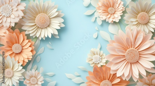 A serene arrangement of paper flowers in soft peach and cream tones against a light blue background.