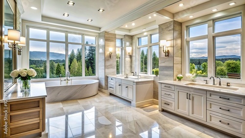 Wallpaper Mural Luxurious large bathroom features sleek white marble countertops, double sink vanity, soaking tub, and walk-in shower surrounded by elegant floor-to-ceiling windows. Torontodigital.ca