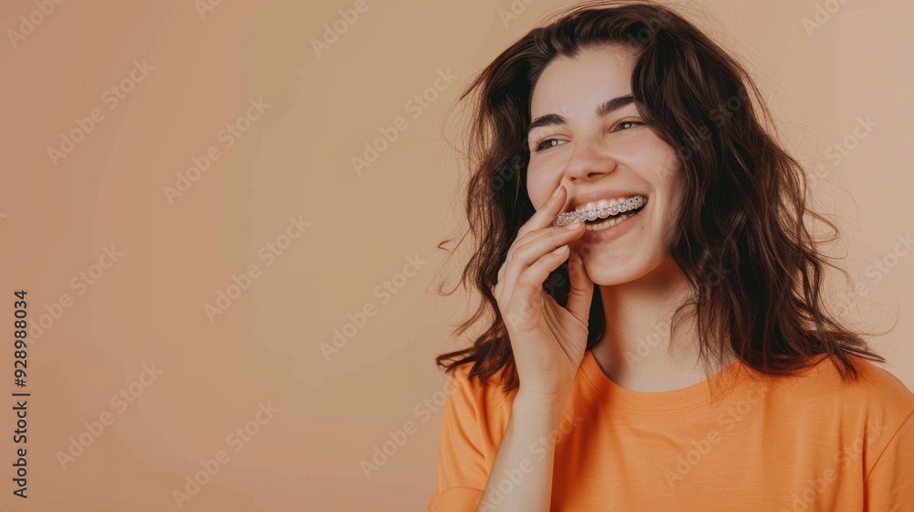 Fototapeta premium A dark-haired woman in an orange shirt laughing, showing her braces, against a beige background, capturing a moment of joyous spontaneity.