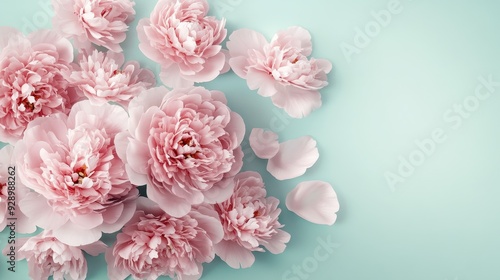 A serene arrangement of soft pink peonies on a light blue background.