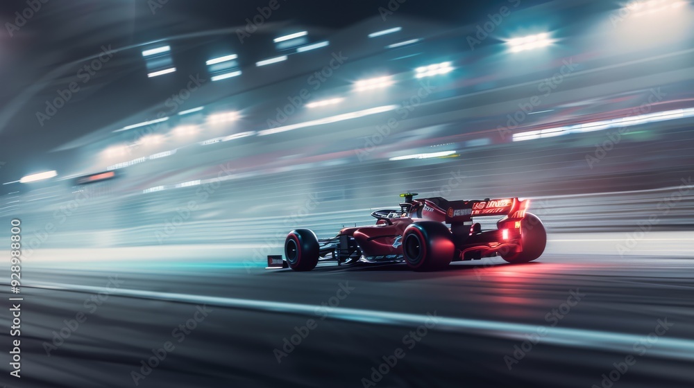 Obraz premium A sleek Formula 1 race car zooms past during a nighttime circuit, showcasing the speed and adrenaline of motorsport in a blur of lights.