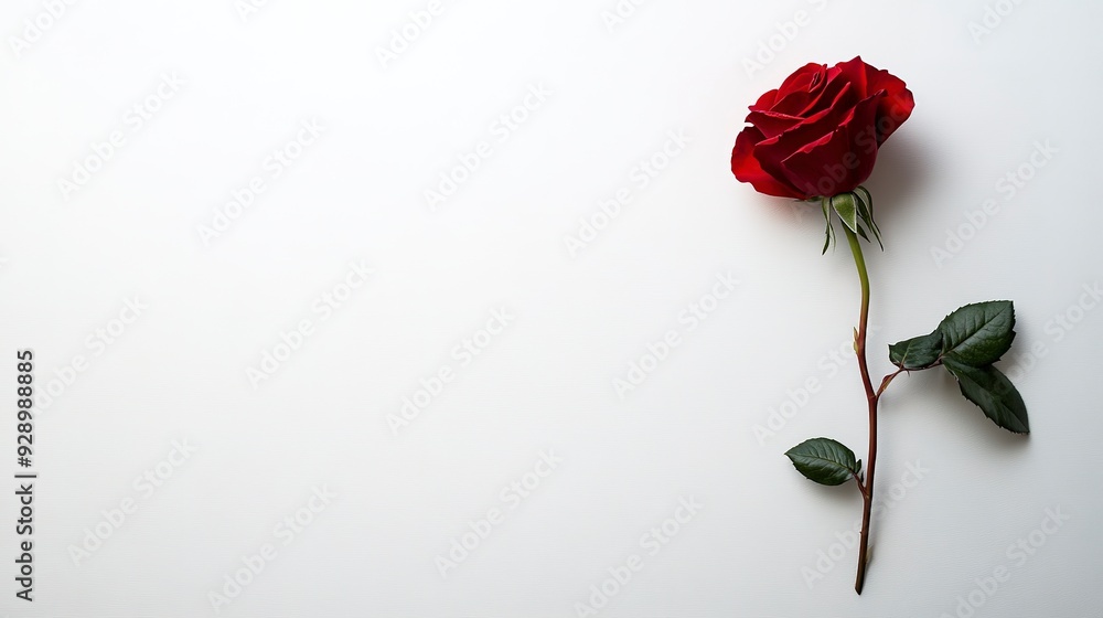 Plain white background with single red rose Plain white background with single red rose