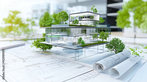 3D renders and plans of an eco friendly modern building, smart-building project photo