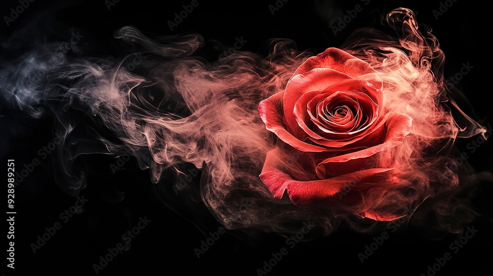 Red rose wrapped in smoke swirl on black background Red rose wrapped in smoke swirl on black background