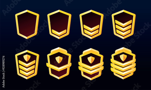 Gold player game ranks. Rank evolution design. Game rank icon. Progress in fantasy app for rating army experience