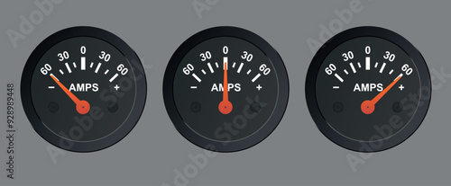 Illustration of a car ammeter with different arrow positions. Black car sensor with red arrow