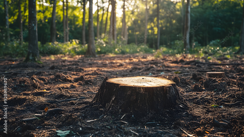 Obraz premium Deforested area with tree stumps. Deforestation and environmental crisis concept