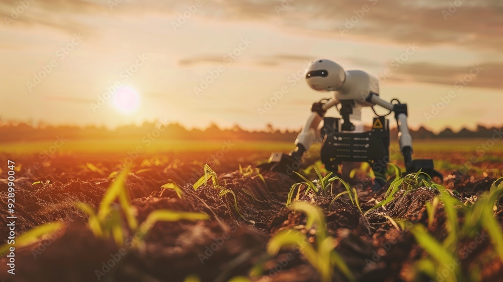 A robotic farmer tends to crops at sunrise in a field, showcasing the intersection of technology and agriculture for a sustainable future. A robotic farmer tends to crops at sunrise in a field, showcasing the intersection of technology and agriculture for a sustainable future.