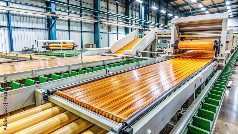 Machine applies resin to layers of fibers on a conveyor belt in a modern factory setting, illustrating the composite panel production process. Machine applies resin to layers of fibers on a conveyor belt in a modern factory setting, illustrating the composite panel production process.