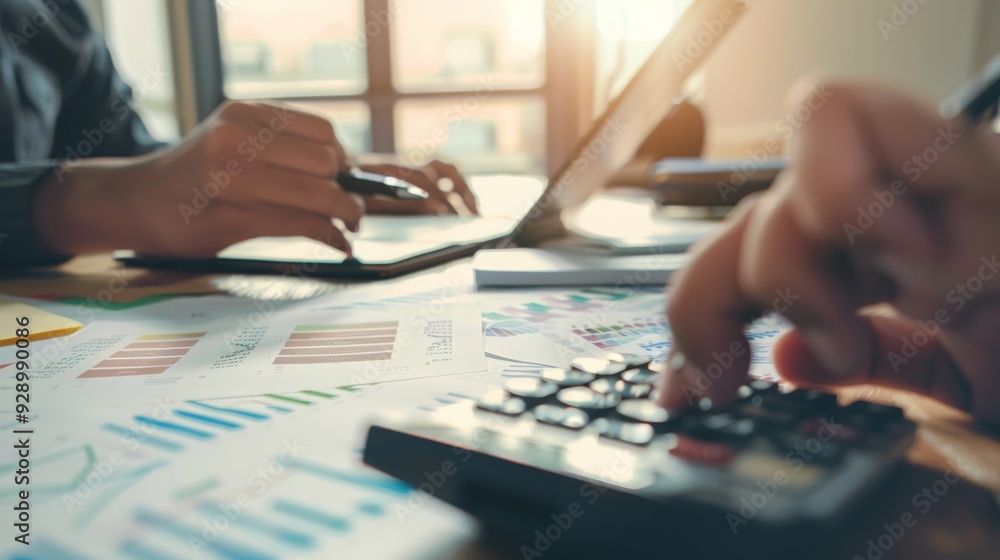Close-up of hands calculating and analyzing graphs and charts on a desk, representing financial planning and teamwork. Close-up of hands calculating and analyzing graphs and charts on a desk, representing financial planning and teamwork.