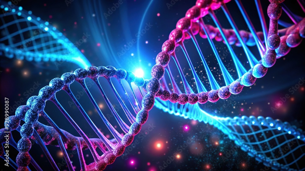 Macro 3D illustration of DNA double helix structure highlighted in bright blue and pink against a dark background, symbolizing biology and molecular genetics research. Macro 3D illustration of DNA double helix structure highlighted in bright blue and pink against a dark background, symbolizing biology and molecular genetics research.