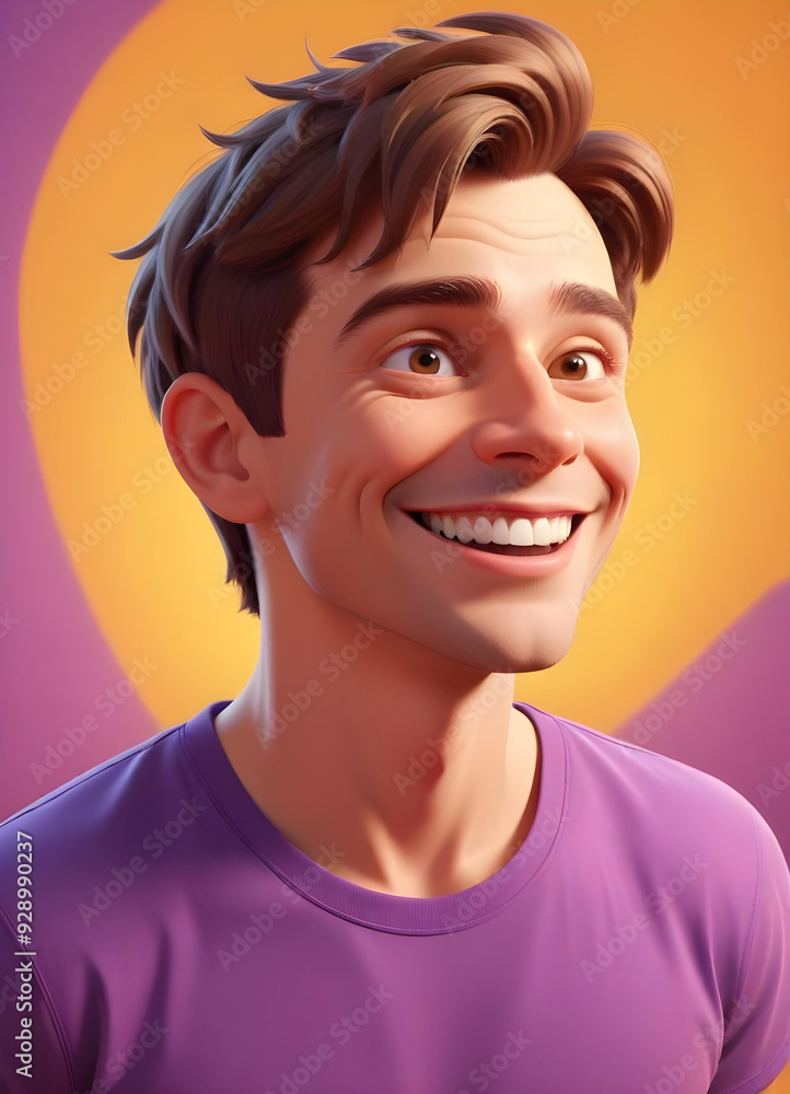 Portrait of animated boy side possing and smiling openheartedly, making him more energetic. Isolated on yellow-purple background. Portrait of animated boy side possing and smiling openheartedly, making him more energetic. Isolated on yellow-purple background.
