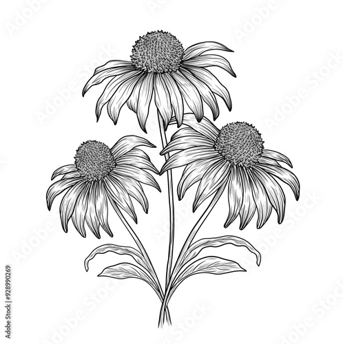 Echinacea purpurea herb outlines. Alpine flowers and leaves. Hand drawn vector sketch illustration