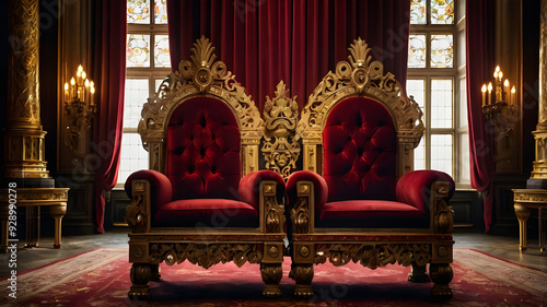 A red chair with a gold frame and red curtains with candles on it.