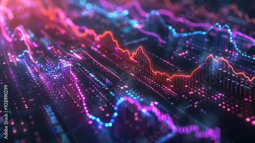 An abstract depiction of stock market trends with radiant neon lines and data points on a dark backdrop, representing financial growth.