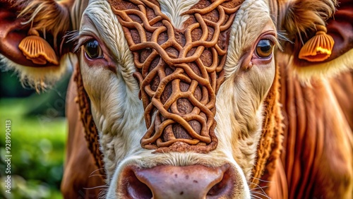 Macro shot of a cow's complex ruminant stomach system, showcasing the rumen, reticulum, omasum, and abomasum, with intricate textures and digestive fluids visible.