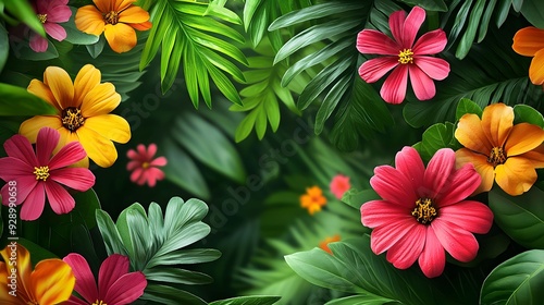 Vibrant tropical flowers surrounded by lush green leaves, creating a colorful and lively backdrop for any design.